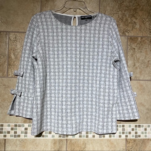 Karl Lagerfeld 3/4 length sleeves blouse S bow Sleeve Window Pane pattern - Picture 1 of 8